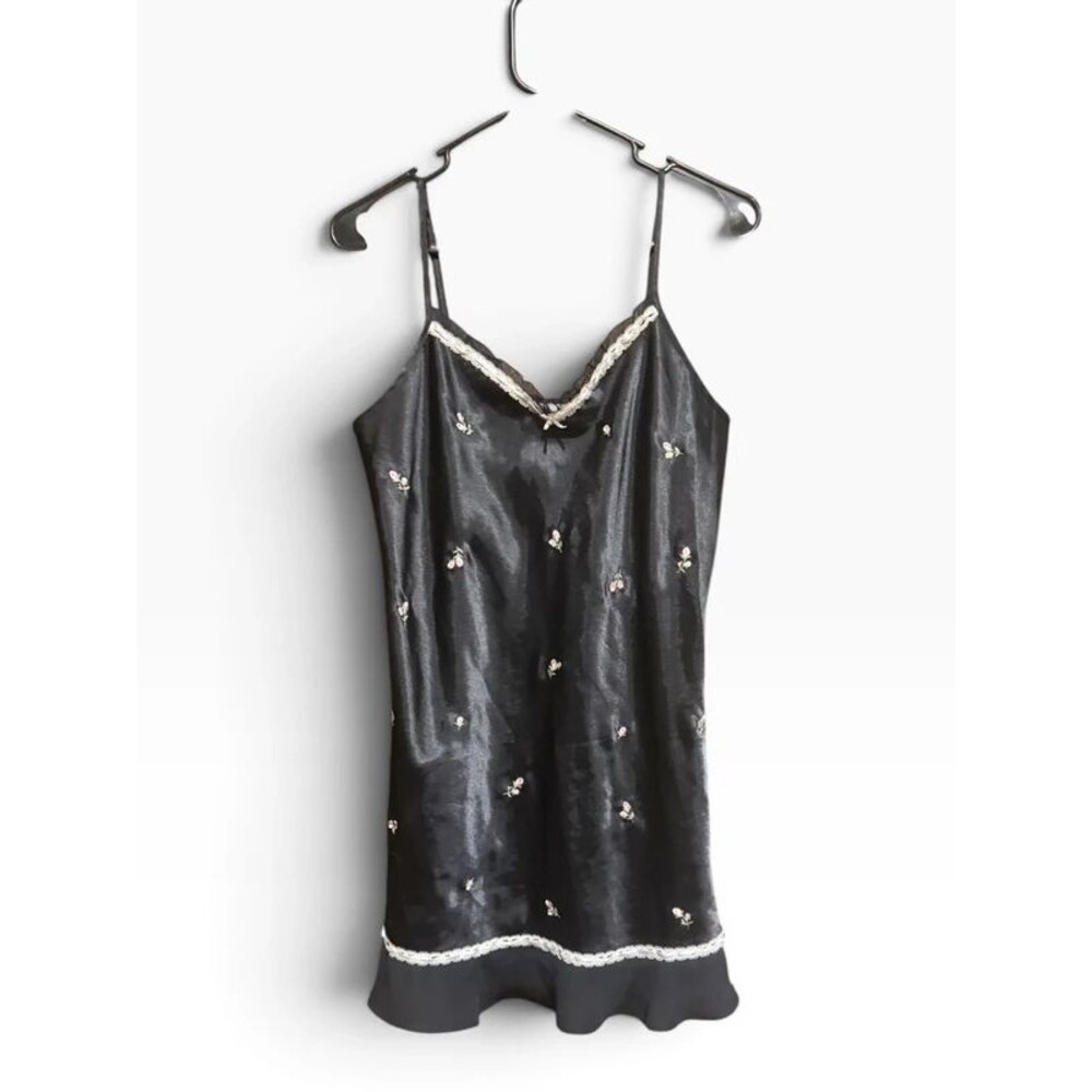 Vintage Morgan Taylor Intimates Medium Black Slip Dress 90s Y2K floral